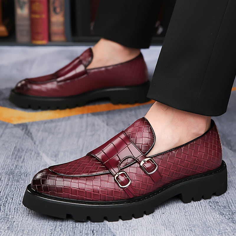 Men's Plaid Design Double Monk Strap Loafers With PU Uppers, Slip Resistant Slip On Dress Shoes For Wedding Party Occasions