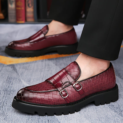 Men's Plaid Design Double Monk Strap Loafers With PU Uppers, Slip Resistant Slip On Dress Shoes For Wedding Party Occasions
