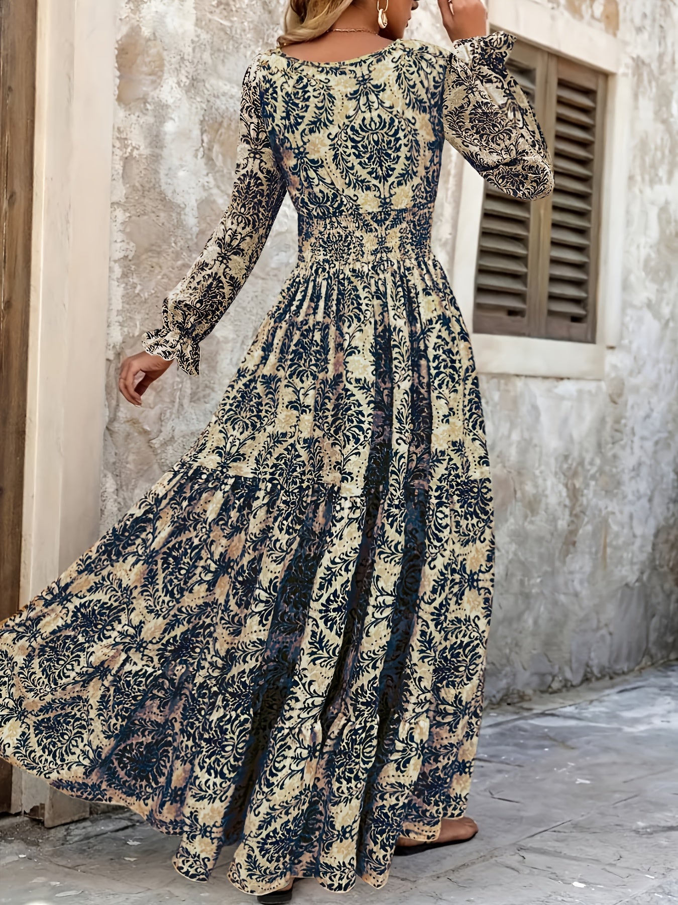 Women's Bohemian Floral Print V-Neck Long Sleeve Maxi Dress -