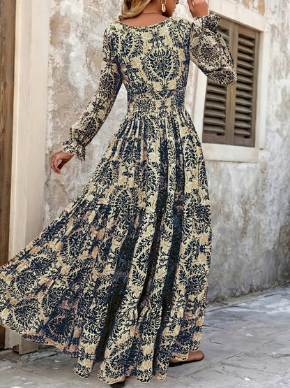 Women's Bohemian Floral Print V-Neck Long Sleeve Maxi Dress -