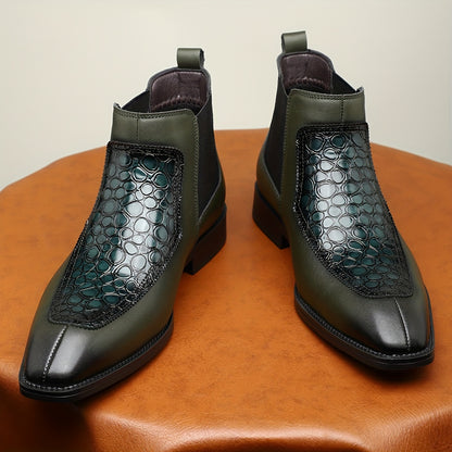 Men's Black Boots with Crocodile Pattern - Slip-On Ankle Boots for Everyday Casual Wear, Rubber Sole, Stylish & Versatile Design