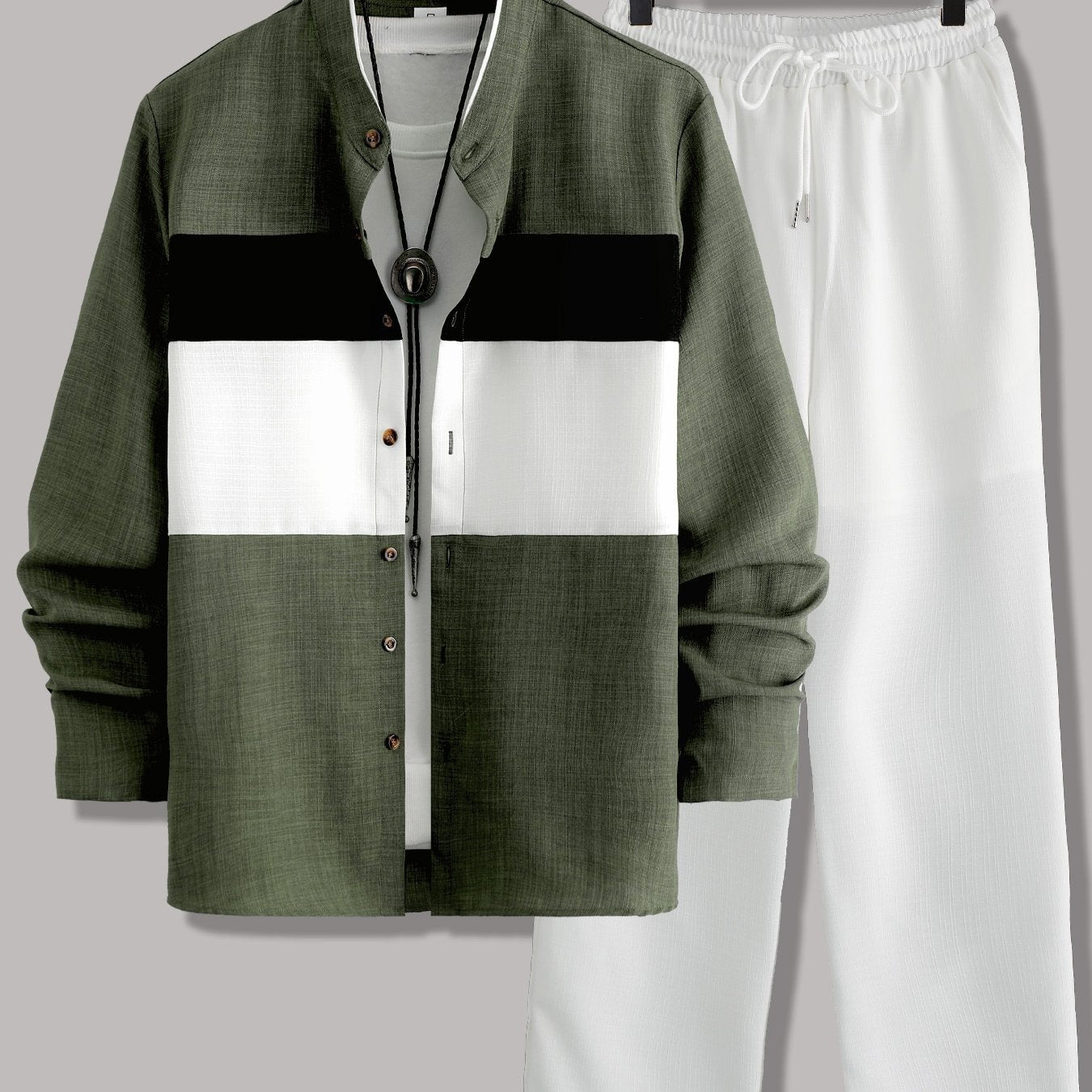 Men's Casual Long Sleeve Button-Up Shirt with Contrast Collar & Drawstring Pants, Green & White Color Block Design, Perfect for Spring/Fall, Regular Fit, Non-Stretch Fabric, Casual Attire
