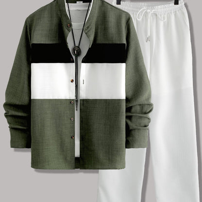 Men's Casual Long Sleeve Button-Up Shirt with Contrast Collar & Drawstring Pants, Green & White Color Block Design, Perfect for Spring/Fall, Regular Fit, Non-Stretch Fabric, Casual Attire
