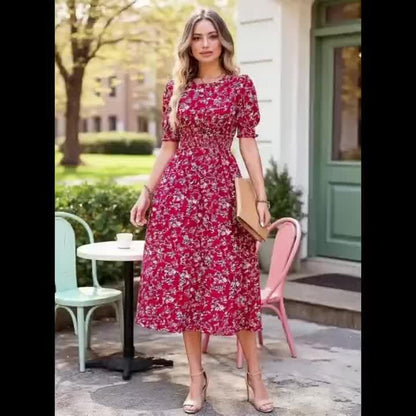 Women's Slim Fit Floral Print A-Line Dress with Bubble Sleeves & Flared Hem