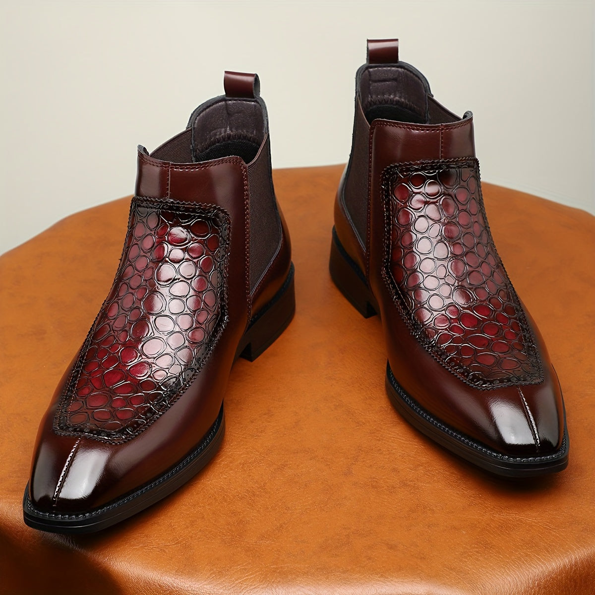 Men's Black Boots with Crocodile Pattern - Slip-On Ankle Boots for Everyday Casual Wear, Rubber Sole, Stylish & Versatile Design