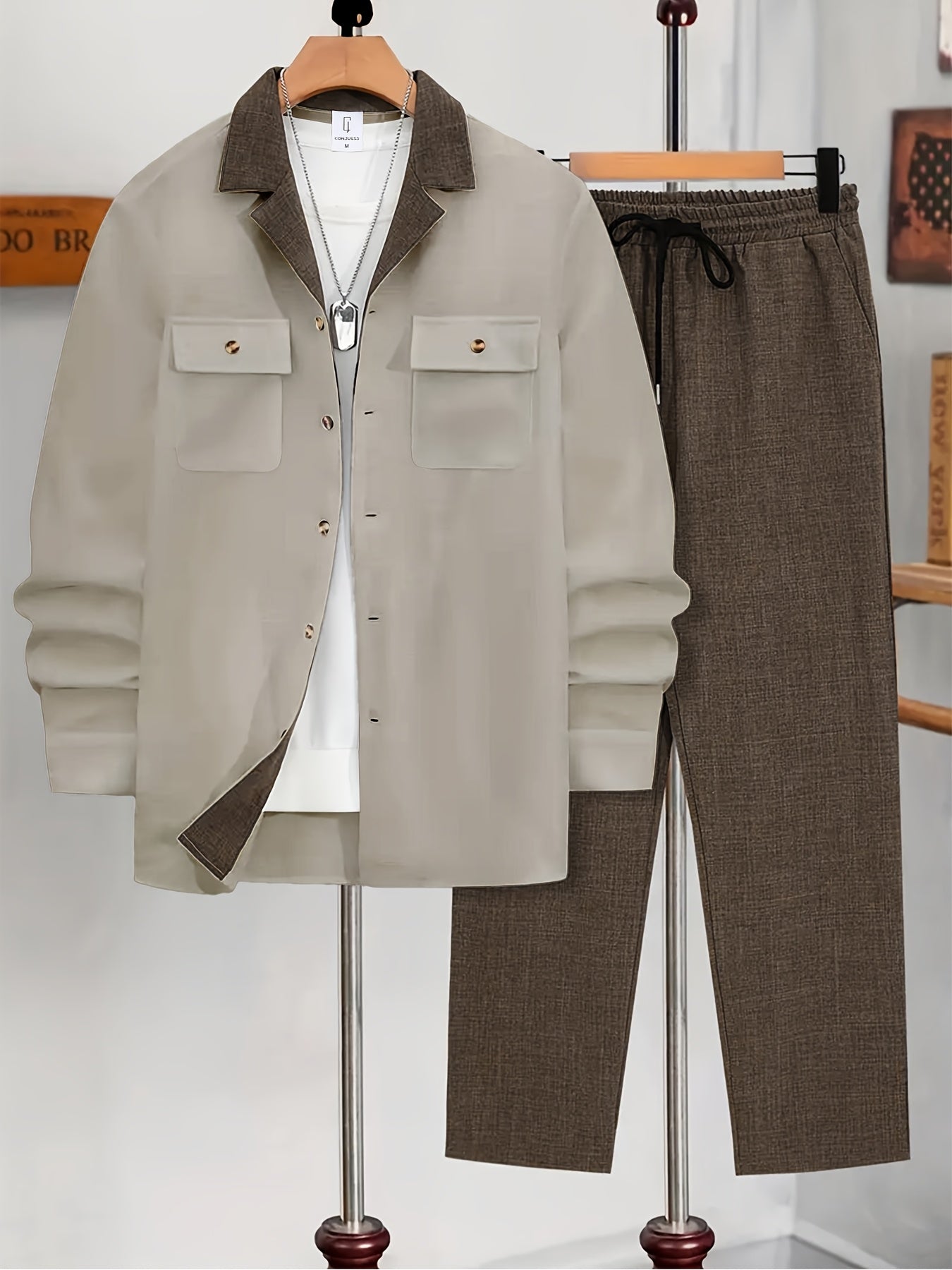 Men's Casual Double-Breasted Long Sleeve Shirt & Pants Set