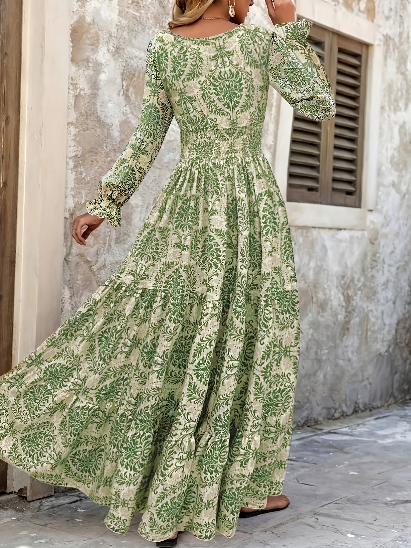 Women's Bohemian Floral Print V-Neck Long Sleeve Maxi Dress -