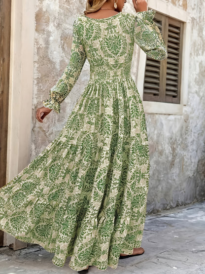Women's Bohemian Floral Print V-Neck Long Sleeve Maxi Dress -