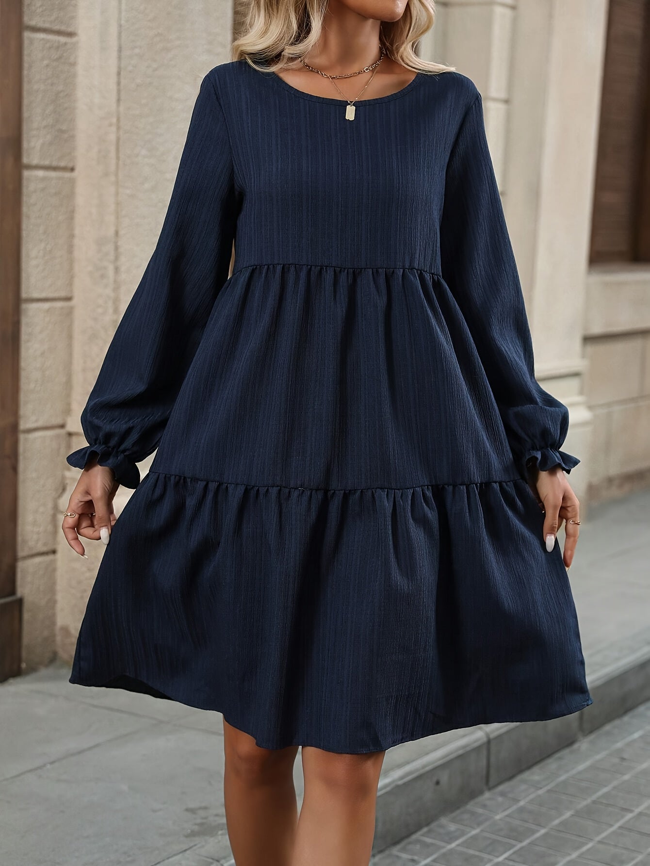 Women's Elegant Navy Blue A-Line long Sleeve dress - Non-Stretchy fabric