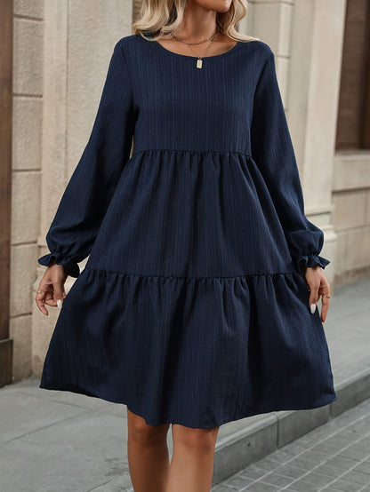 Women's Elegant Navy Blue A-Line long Sleeve dress - Non-Stretchy fabric
