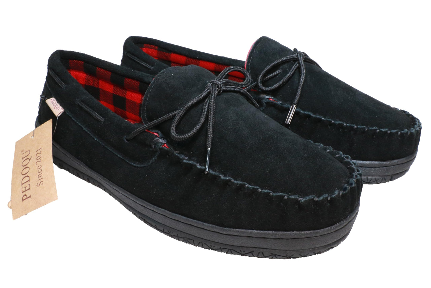 PEDOQU Men’s moccasin slippers with tie cow suede memory foam slip on warm house shoes, Indoor & outdoor breathable loafer slipper for men