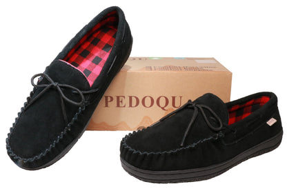 PEDOQU Men’s moccasin slippers with tie cow suede memory foam slip on warm house shoes, Indoor & outdoor breathable loafer slipper for men
