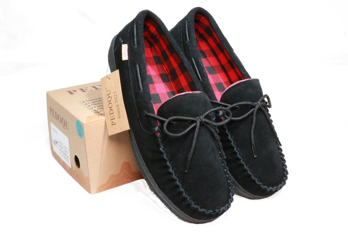 PEDOQU Men’s moccasin slippers with tie cow suede memory foam slip on warm house shoes, Indoor & outdoor breathable loafer slipper for men