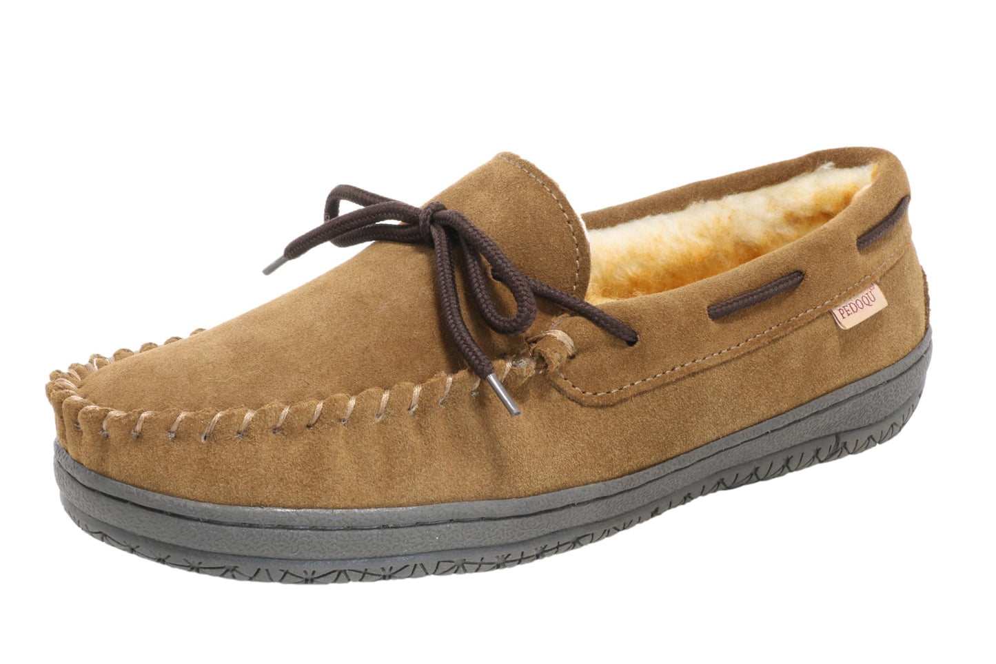 PEDOQU Men’s moccasin slippers with tie cow suede memory foam slip on warm house shoes, Indoor & outdoor breathable loafer slipper for men