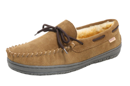 PEDOQU Men’s moccasin slippers with tie cow suede memory foam slip on warm house shoes, Indoor & outdoor breathable loafer slipper for men