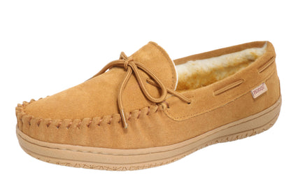 PEDOQU Men’s moccasin slippers with tie cow suede memory foam slip on warm house shoes, Indoor & outdoor breathable loafer slipper for men