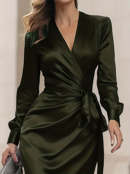 Women's Elegant V-Neck Satin Wrap Dress with Tie Waist