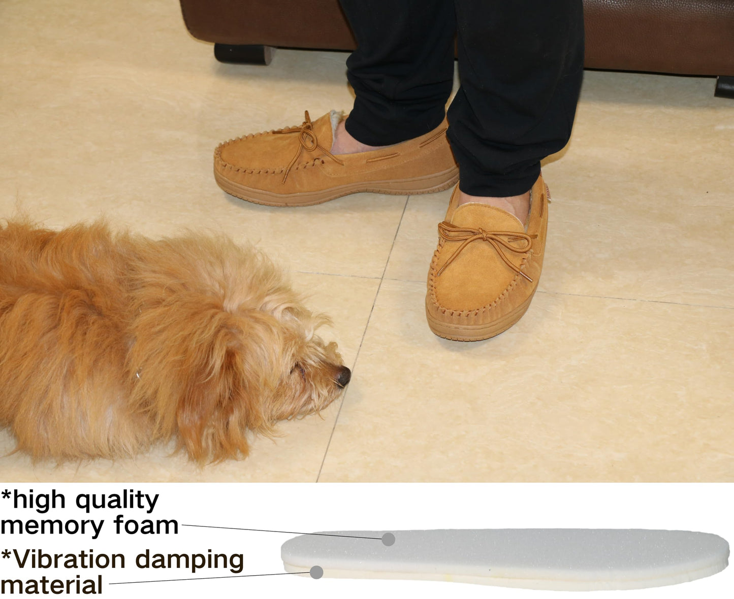 PEDOQU Men’s moccasin slippers with tie cow suede memory foam slip on warm house shoes, Indoor & outdoor breathable loafer slipper for men