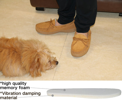 PEDOQU Men’s moccasin slippers with tie cow suede memory foam slip on warm house shoes, Indoor & outdoor breathable loafer slipper for men