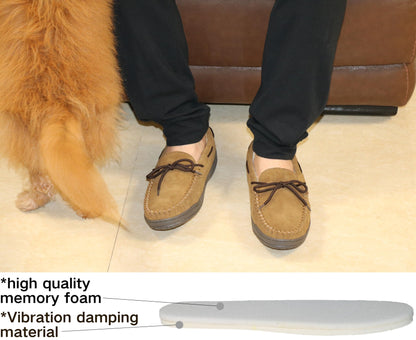 PEDOQU Men’s moccasin slippers with tie cow suede memory foam slip on warm house shoes, Indoor & outdoor breathable loafer slipper for men