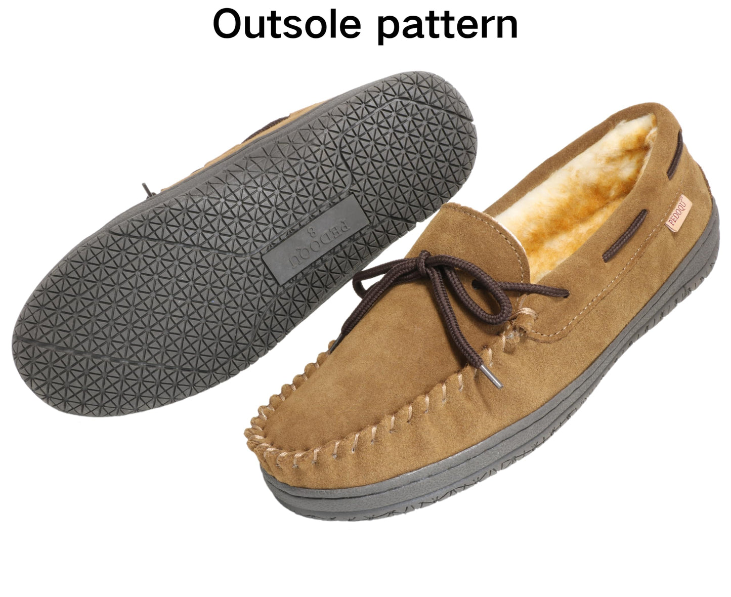 PEDOQU Men’s moccasin slippers with tie cow suede memory foam slip on warm house shoes, Indoor & outdoor breathable loafer slipper for men