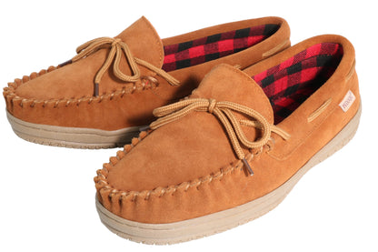 PEDOQU Men’s moccasin slippers with tie cow suede memory foam slip on warm house shoes, Indoor & outdoor breathable loafer slipper for men