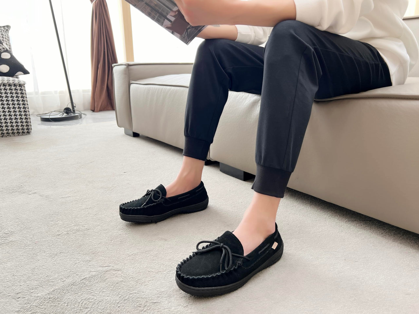 PEDOQU Men’s moccasin slippers with tie cow suede memory foam slip on warm house shoes, Indoor & outdoor breathable loafer slipper for men