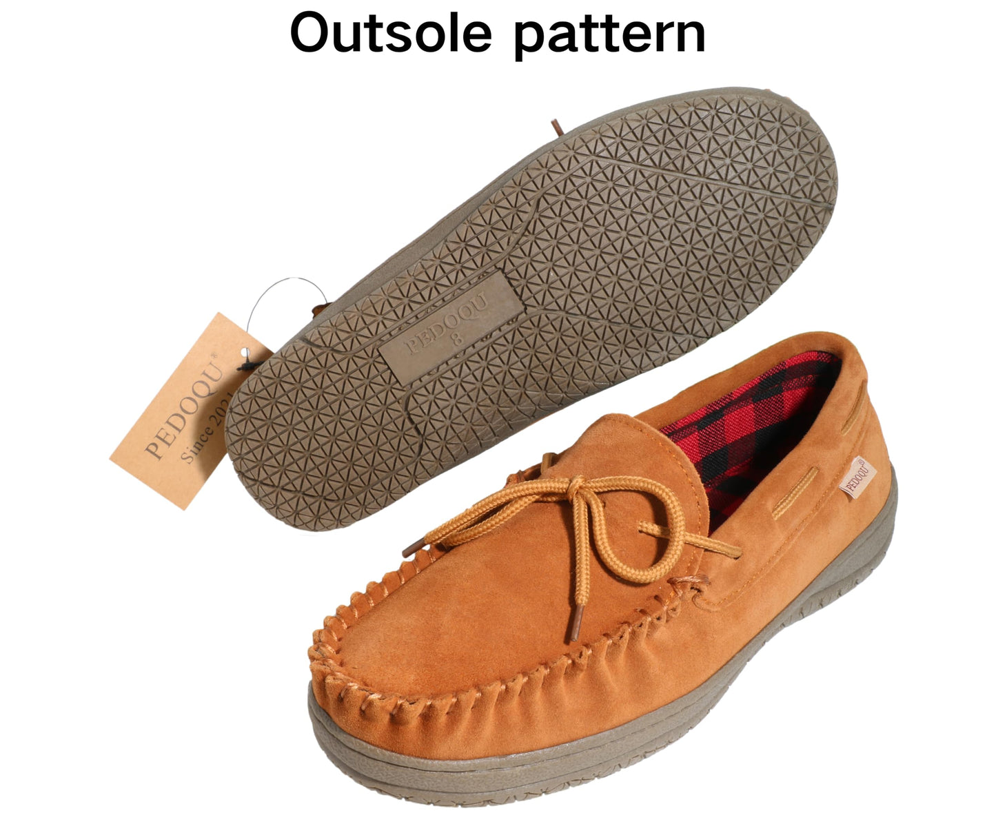 PEDOQU Men’s moccasin slippers with tie cow suede memory foam slip on warm house shoes, Indoor & outdoor breathable loafer slipper for men