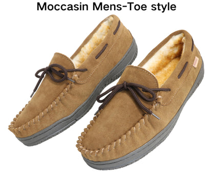 PEDOQU Men’s moccasin slippers with tie cow suede memory foam slip on warm house shoes, Indoor & outdoor breathable loafer slipper for men
