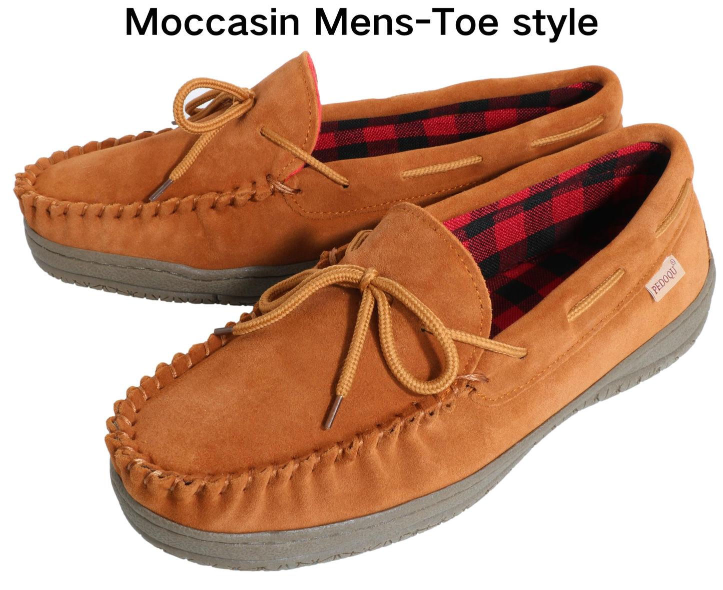 PEDOQU Men’s moccasin slippers with tie cow suede memory foam slip on warm house shoes, Indoor & outdoor breathable loafer slipper for men