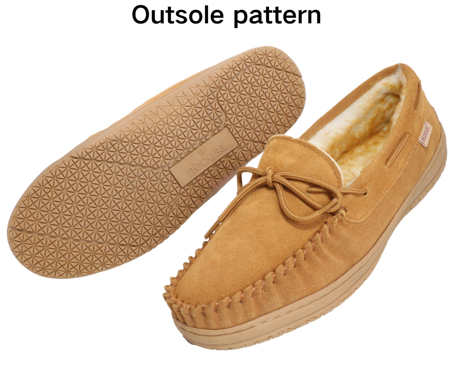 PEDOQU Men’s moccasin slippers with tie cow suede memory foam slip on warm house shoes, Indoor & outdoor breathable loafer slipper for men