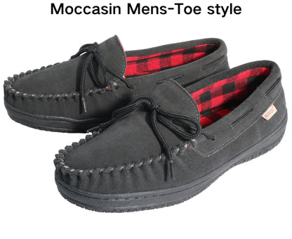 PEDOQU Men’s moccasin slippers with tie cow suede memory foam slip on warm house shoes, Indoor & outdoor breathable loafer slipper for men