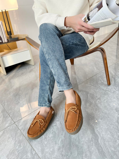 PEDOQU Men’s moccasin slippers with tie cow suede memory foam slip on warm house shoes, Indoor & outdoor breathable loafer slipper for men