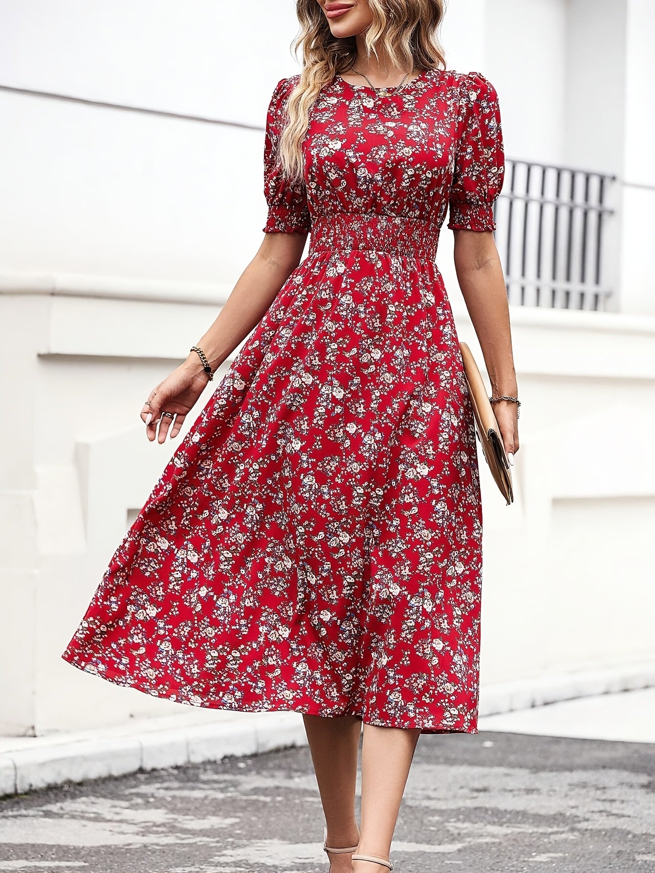 Women's Slim Fit Floral Print A-Line Dress with Bubble Sleeves & Flared Hem