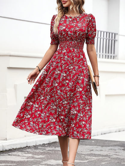 Women's Slim Fit Floral Print A-Line Dress with Bubble Sleeves & Flared Hem
