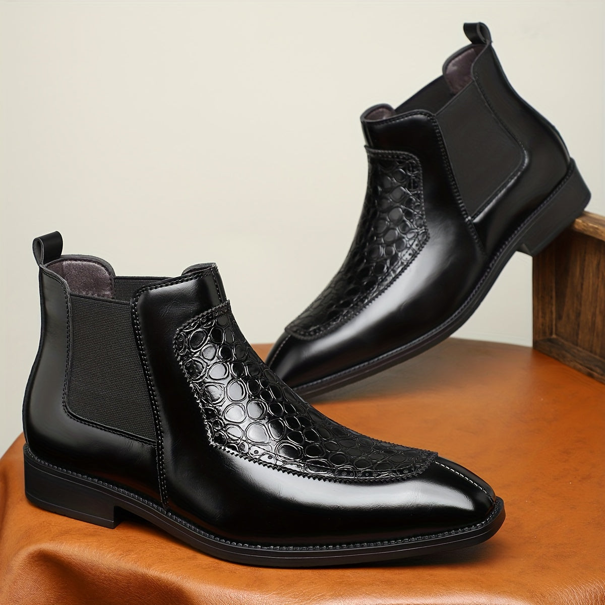 Men's Black Boots with Crocodile Pattern - Slip-On Ankle Boots for Everyday Casual Wear, Rubber Sole, Stylish & Versatile Design
