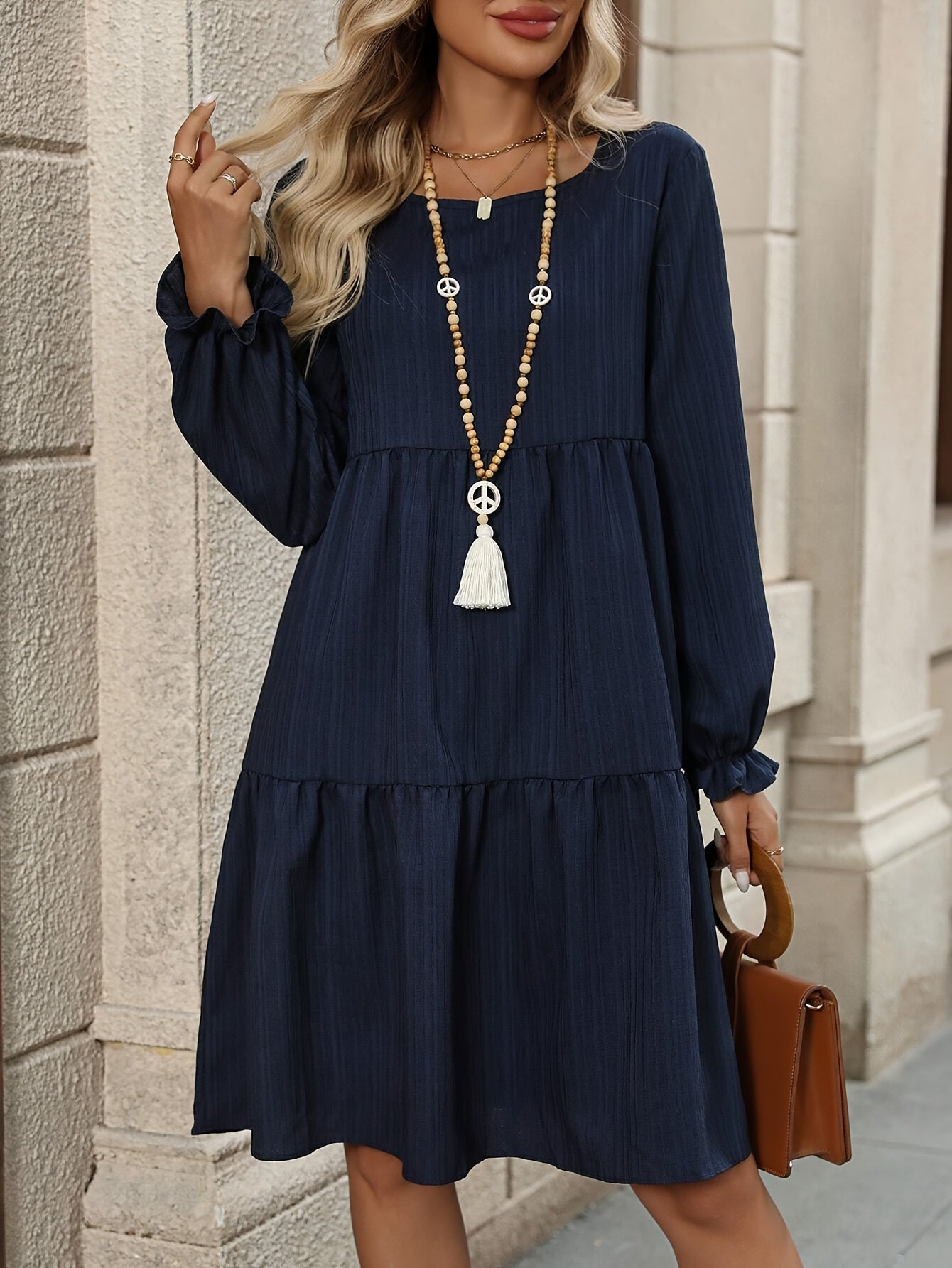 Women's Elegant Navy Blue A-Line long Sleeve dress - Non-Stretchy fabric
