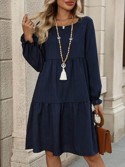 Women's Elegant Navy Blue A-Line long Sleeve dress - Non-Stretchy fabric