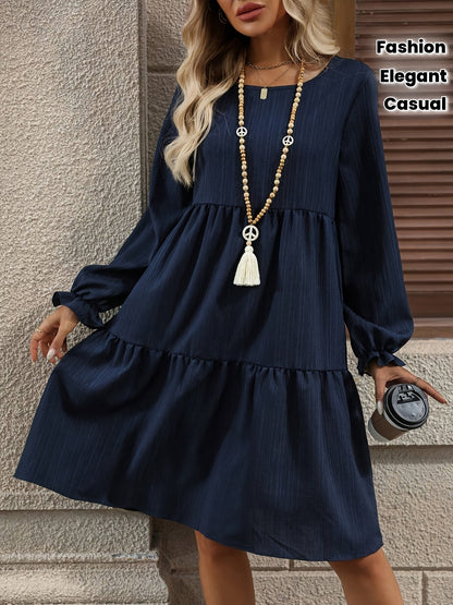 Women's Elegant Navy Blue A-Line long Sleeve dress - Non-Stretchy fabric