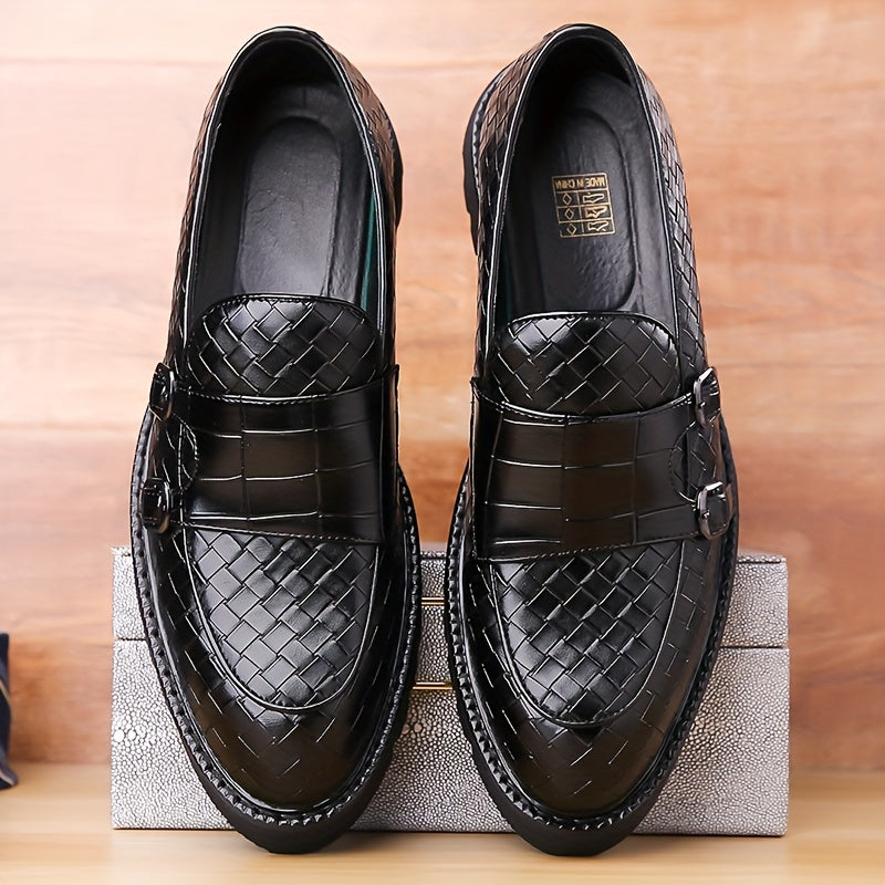 Men's Plaid Design Double Monk Strap Loafers With PU Uppers, Slip Resistant Slip On Dress Shoes For Wedding Party Occasions