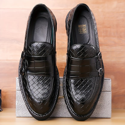 Men's Plaid Design Double Monk Strap Loafers With PU Uppers, Slip Resistant Slip On Dress Shoes For Wedding Party Occasions