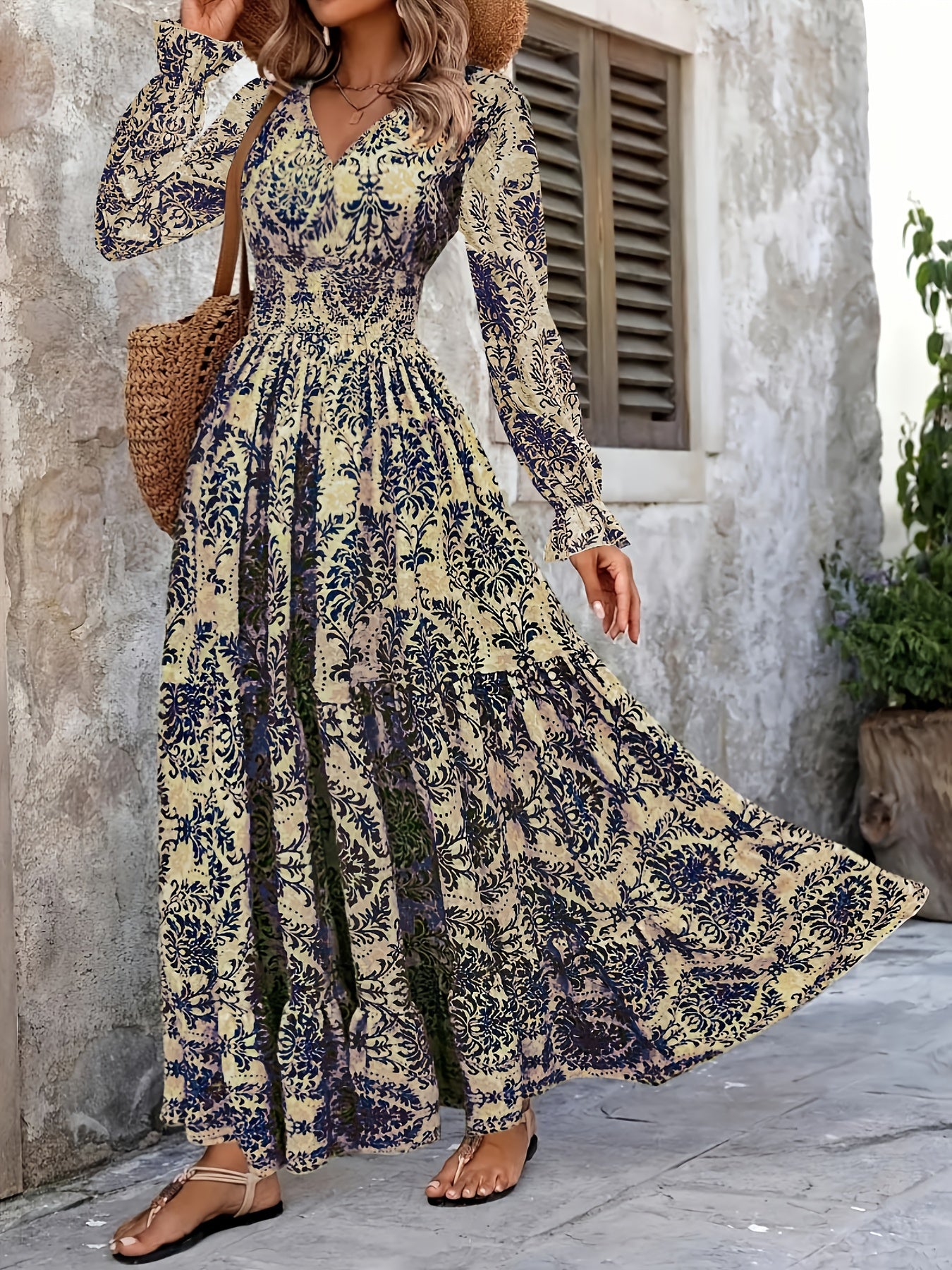 Women's Bohemian Floral Print V-Neck Long Sleeve Maxi Dress -