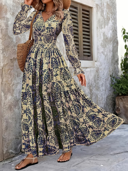 Women's Bohemian Floral Print V-Neck Long Sleeve Maxi Dress -