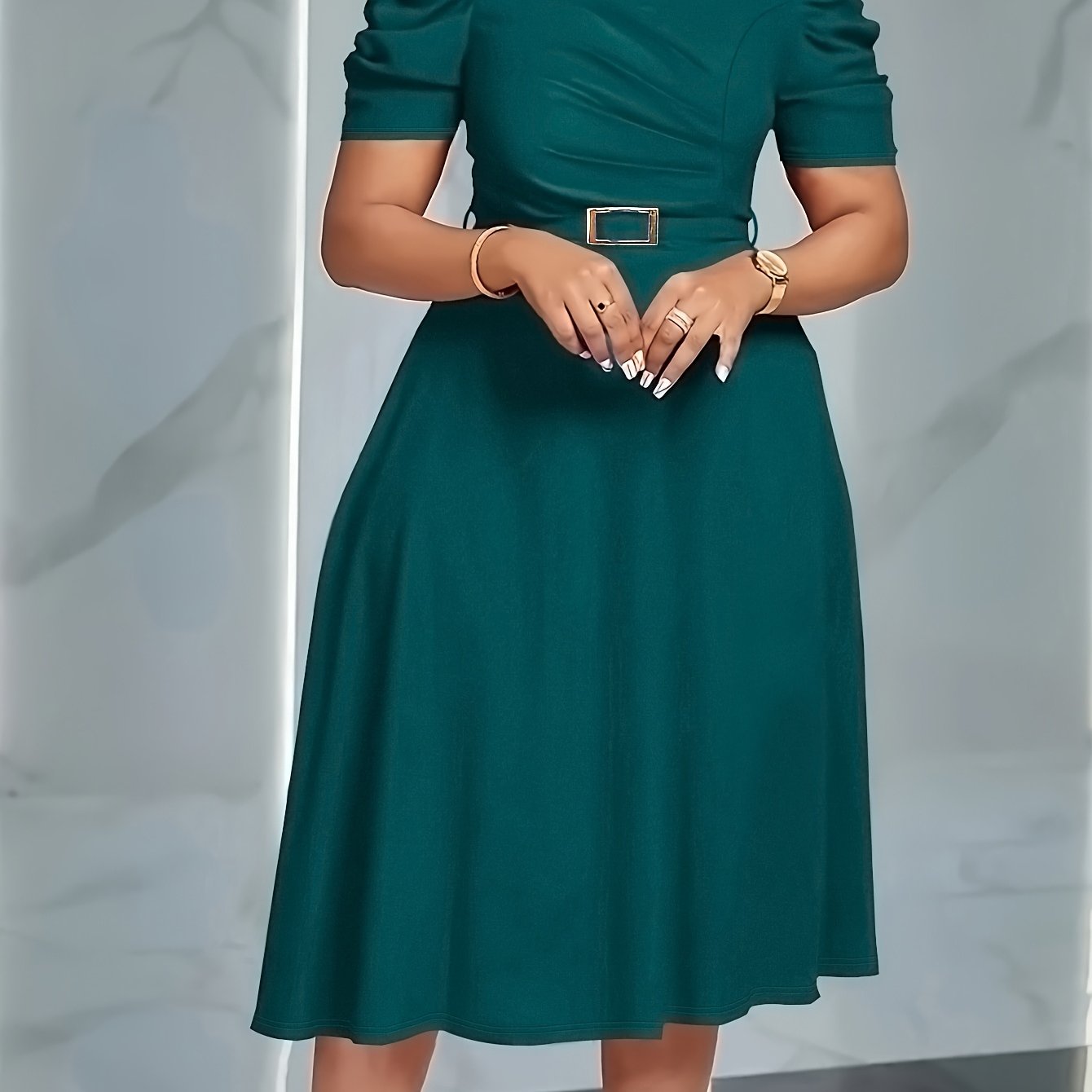 Elegant V-Neck Ruched Midi Dress | Women's Solid Color, Short Sleeve, Cinched Waist with Belt, Flowy Skirt