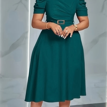 Elegant V-Neck Ruched Midi Dress | Women's Solid Color, Short Sleeve, Cinched Waist with Belt, Flowy Skirt