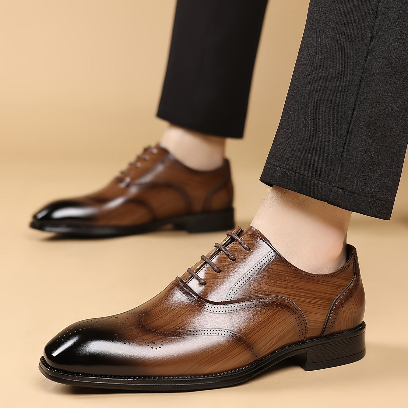 MIOEERT Men'S Classic Wingtip Dress Shoes - Faux Lace-Up Business Casual Wedding Shoes with Rubber Sole, Brown Striped Design for Office, Party & Daily Wear, Dressy Shoes, Party Footwear, Sophisticated Shoe Style, Quality Lac