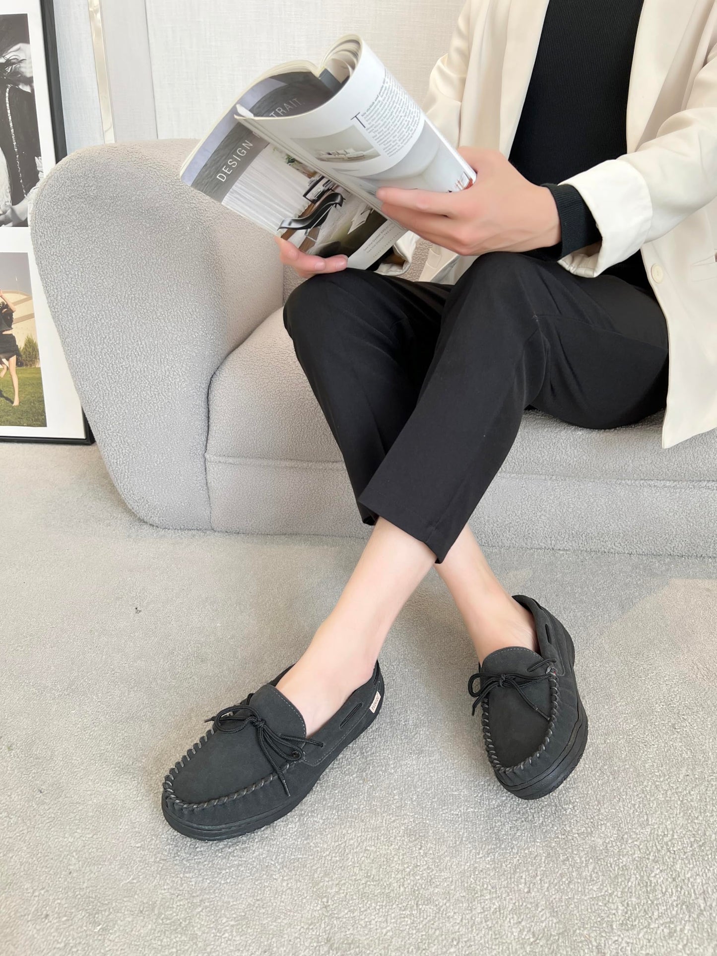 PEDOQU Men’s moccasin slippers with tie cow suede memory foam slip on warm house shoes, Indoor & outdoor breathable loafer slipper for men