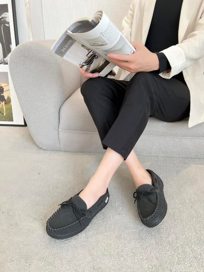 PEDOQU Men’s moccasin slippers with tie cow suede memory foam slip on warm house shoes, Indoor & outdoor breathable loafer slipper for men