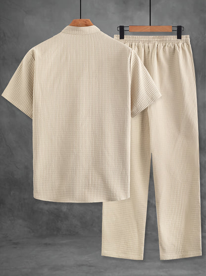 Men's Casual Solid Color Short Sleeve Shirt & Pants Set with Chest Pocket