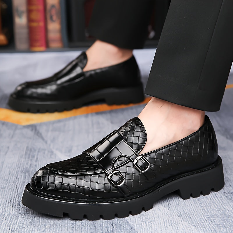 Men's Plaid Design Double Monk Strap Loafers With PU Uppers, Slip Resistant Slip On Dress Shoes For Wedding Party Occasions